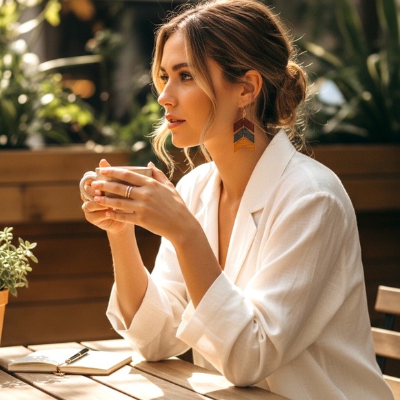 Chevron Pattern Wooden Earrings - Picture 3 of 3